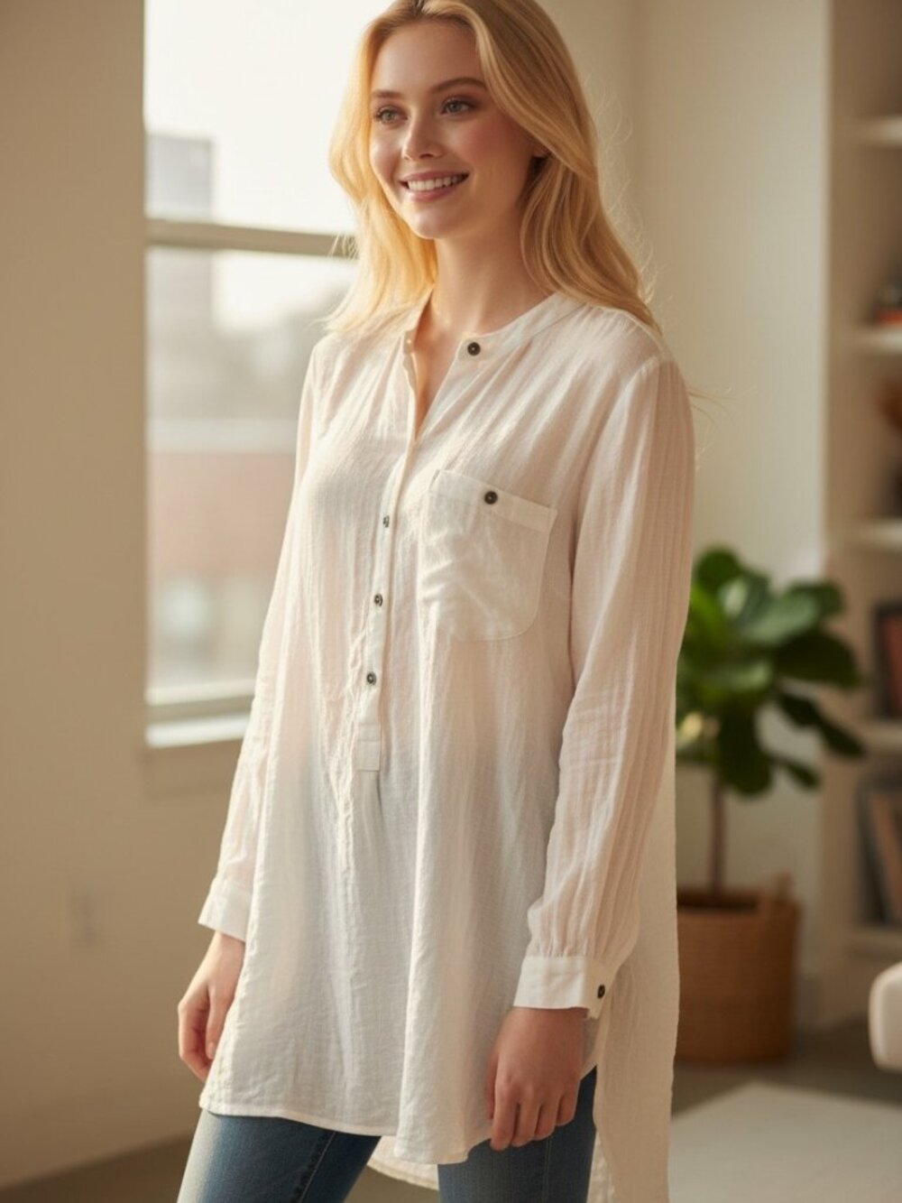 Free People Ivory Rayon Button Up Tunic Dress Boho Oversized Pocket Sz S